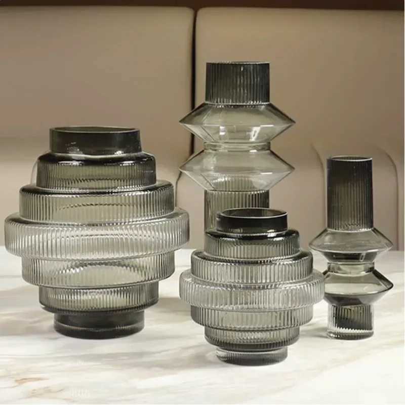 Modern Personty Gray Glass Countertop Vase Creative Modeling Living Room Flower Arrangement Home Decoration Accessories C251017