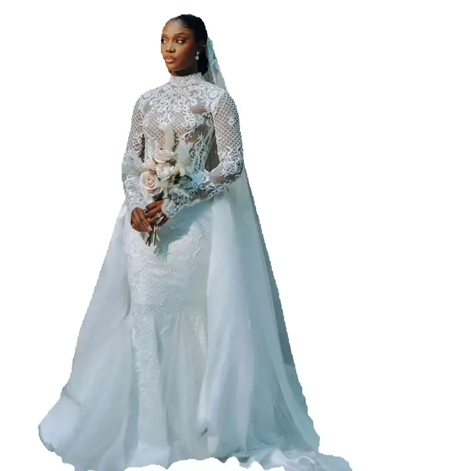 Elegant Mermaid Wedding Dress High-Neck 3D-Lace Bridal Gowns Shine Sequins Appliques Vestina De Novia Plus Size Customized H252570