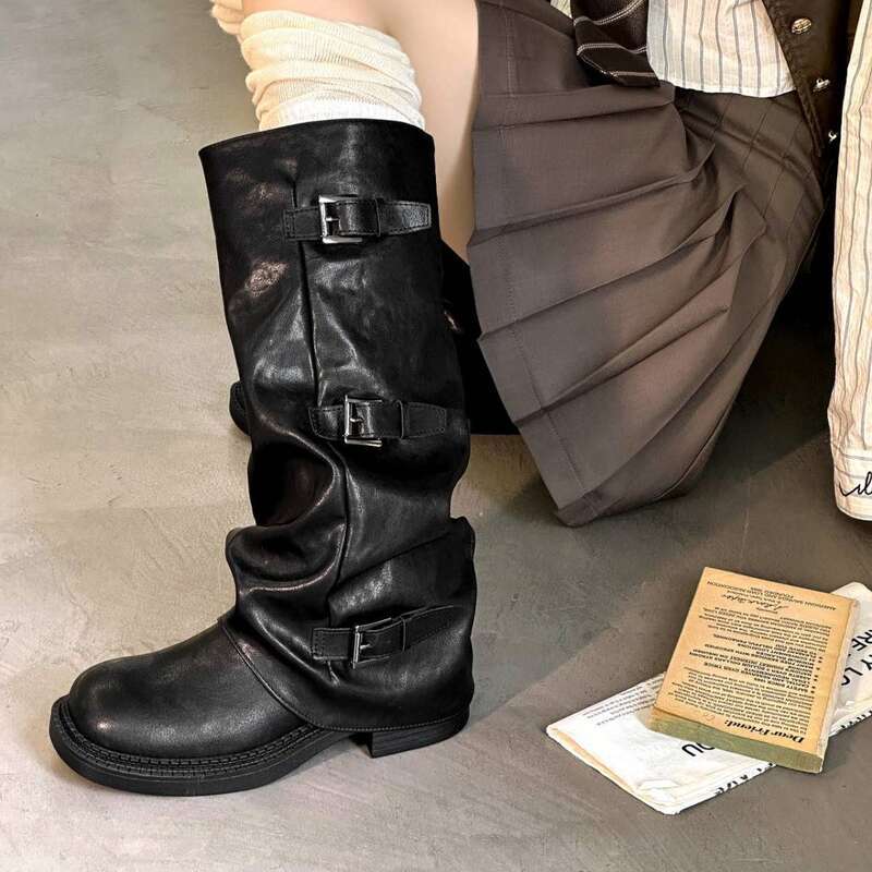 Cameido Western Cowboy Belt Buckles Autumn Winter Wasteland Style Folded Pile Long Boots With Trouser Legs