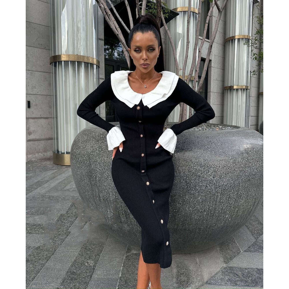 Autumn Winter New Knitted Sweater For Women Fashion Patchwork Color Block Slim Elegant Temperament Dress B5