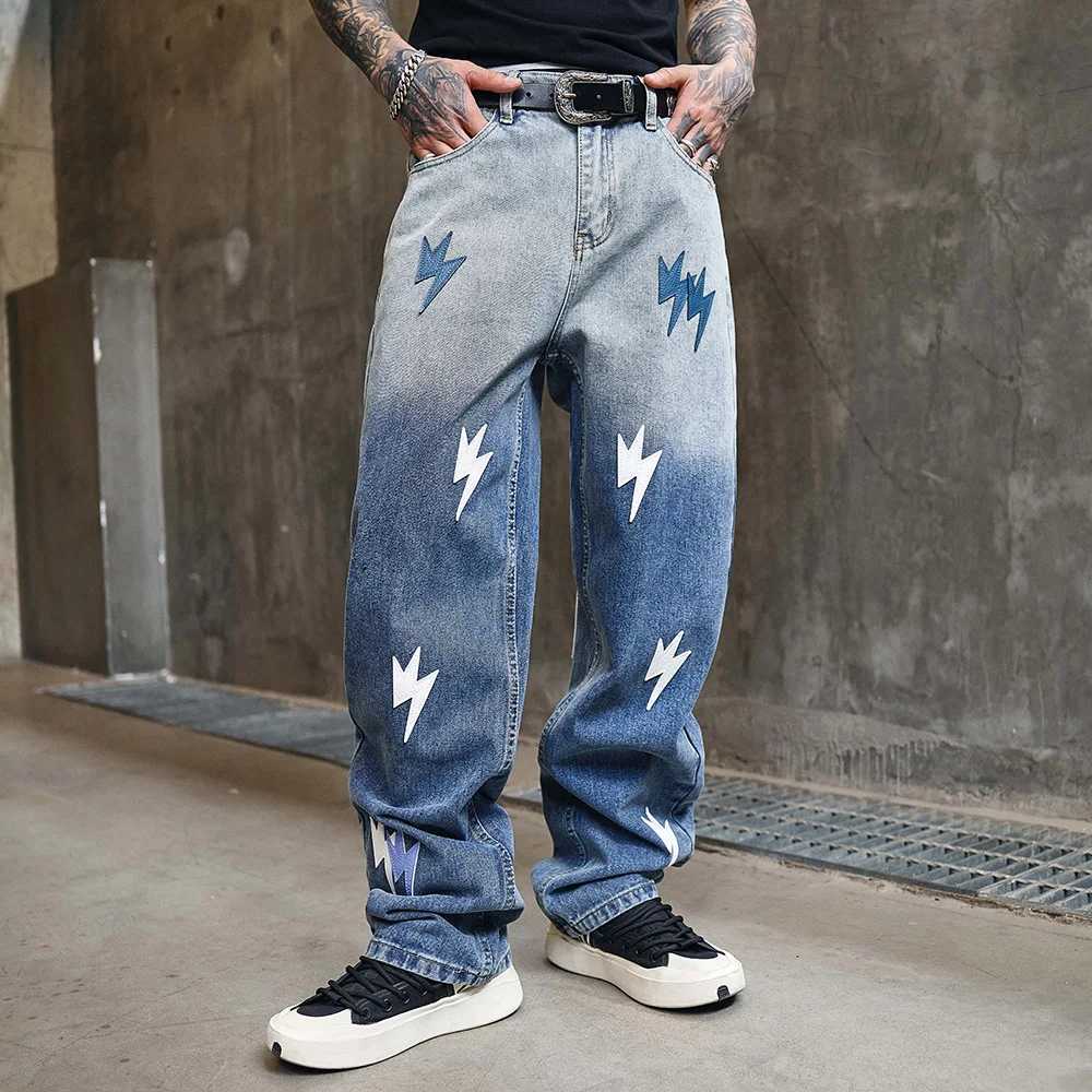 Mens Lightning Patch Denim Jeans Loose Straight Hip Hop Streetwear Pants Relaxed Fit Blue Trousers Y251105