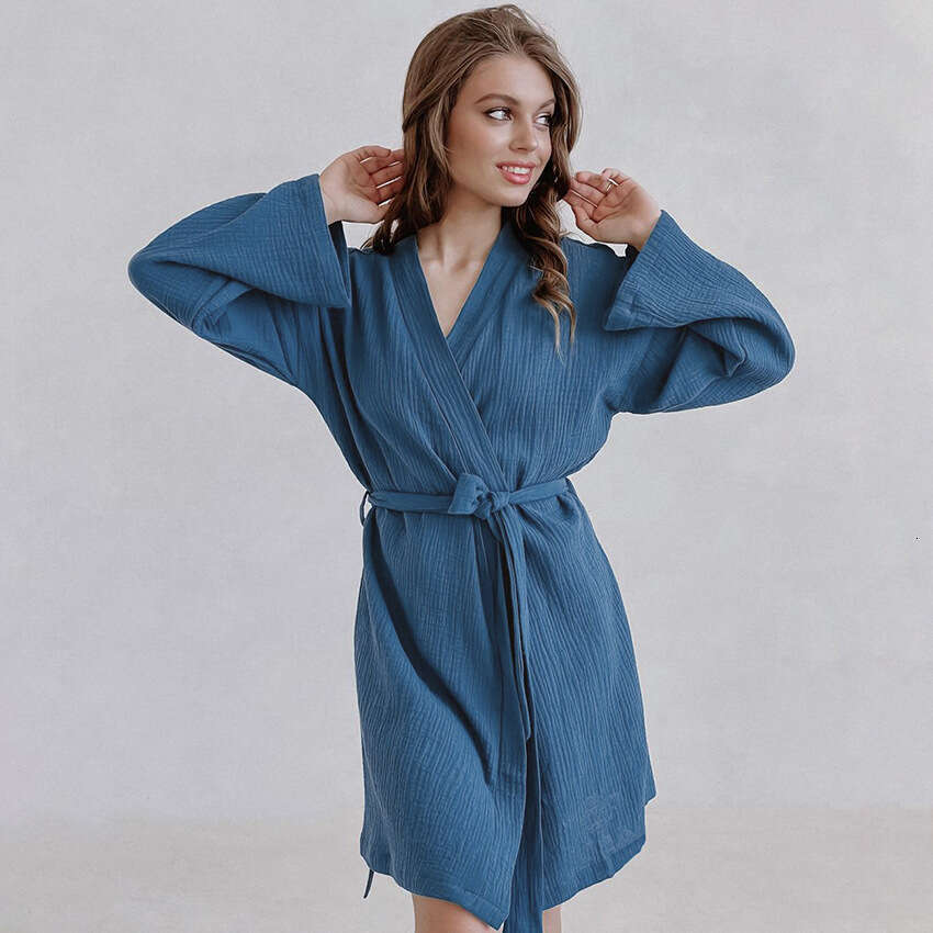 Autumn And Winter New Blue Fashion Pure Cotton Warm Long Sleeve Short Nightgown Bathrobe Homewear For Women B5