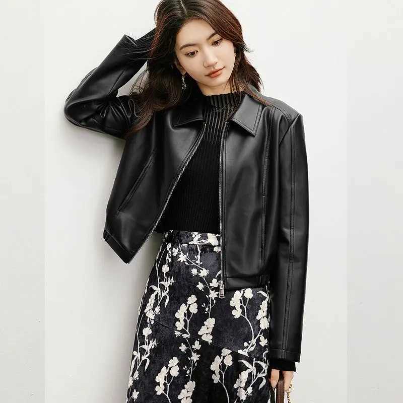 Textured PU Leather Jacket Short Cropped Motorcycle Style 2025 Spring Fall Sweet Cool Y2K Fashion Casual Streetwear CoatT251017