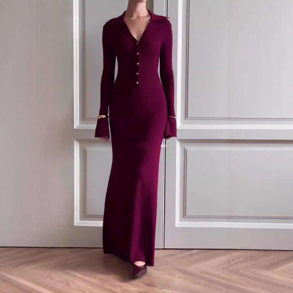 Flared Sleeve Turn-Down Collar Knitted Sweater For Women, Elegant Autumn And Winter Long Dress B5