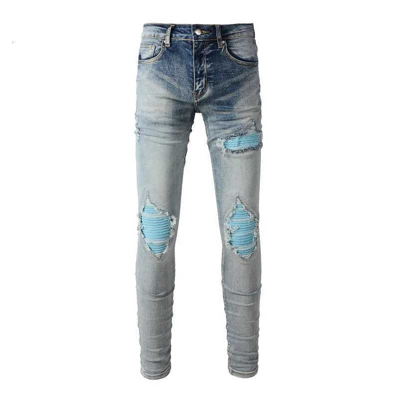 Mens Light Blue Pleated Patchwork Stretch Denim Jeans Streetwear Holes Ripped Pencil Pants Trendy Slim Skinny Trousers1 Y251105
