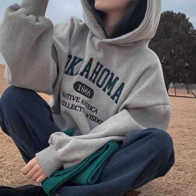 Retro Embroidered Print Fce Lined Long Sve Hoodie Women's Chic Autumn Winter Versatile Small Size Hooded Sweatirt