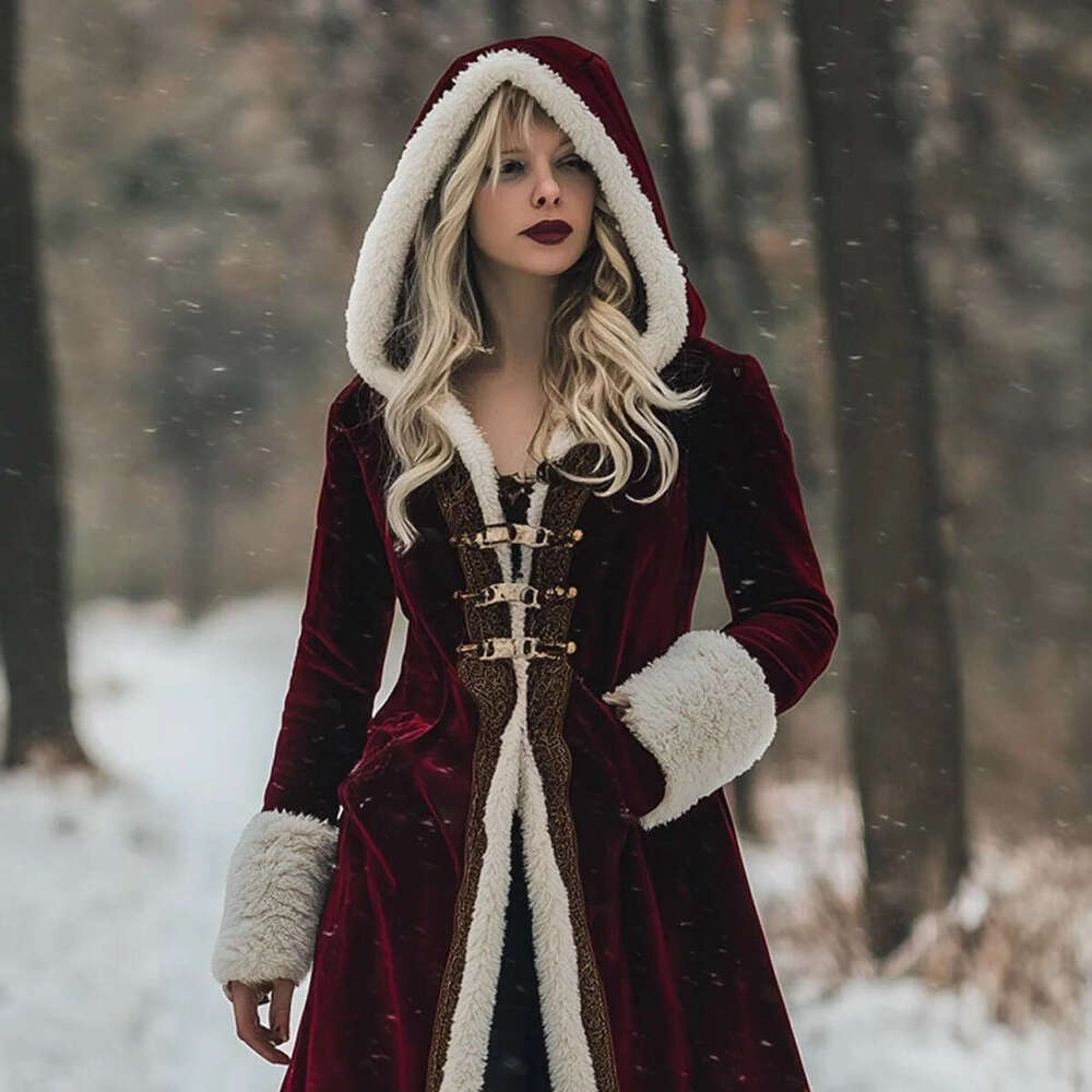 2025 Women'S Y2K Retro Double-Breasted Faux Fur Coat - Burgundy & White, Asymmetrical Hem, Loose Fit, Long Sleeve, Winter Outerwear for Fall/Wint