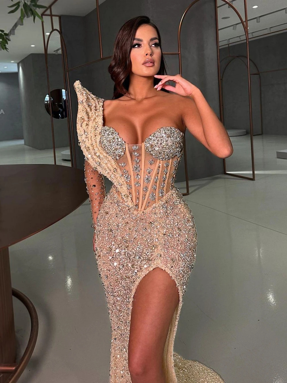Sparkly One Shoulder Prom Dresses Elegant Sequined Crystal Evening Dress High Side Split Celebrity Party Gown Customized