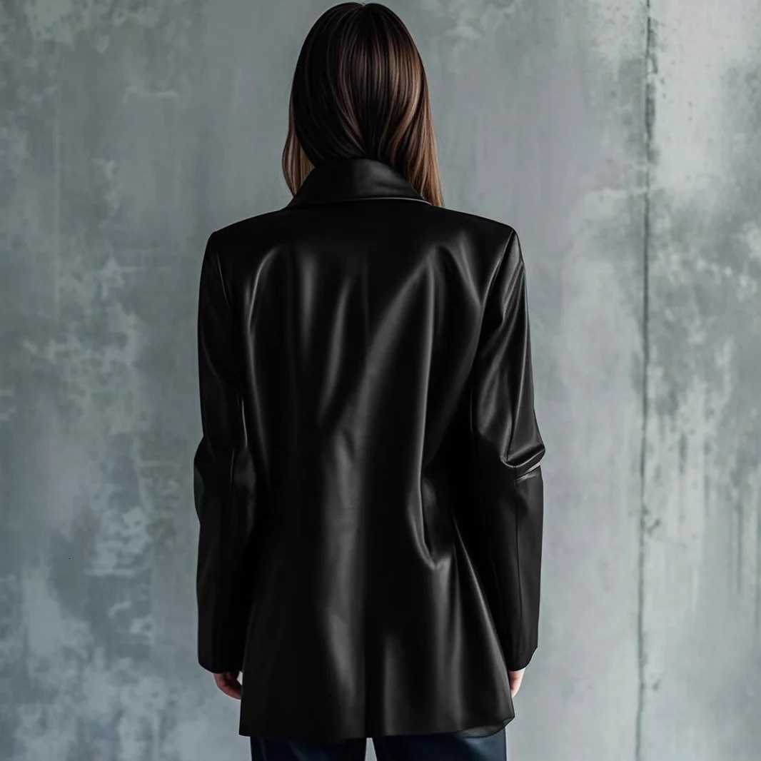 2025 Autumn Winter New Women Mid Length Faux Leather Jacket Office Lady Zipper Elegant Casual Warm CoatT251017