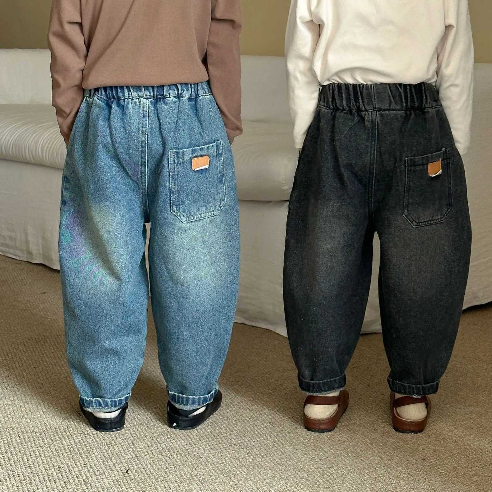 2025 Winter New Children Fleece Denim Trousers Solid Boys Casual Pants Plus Velvet Thick Baby Girls Warm Jeans Kids ClothesT251017