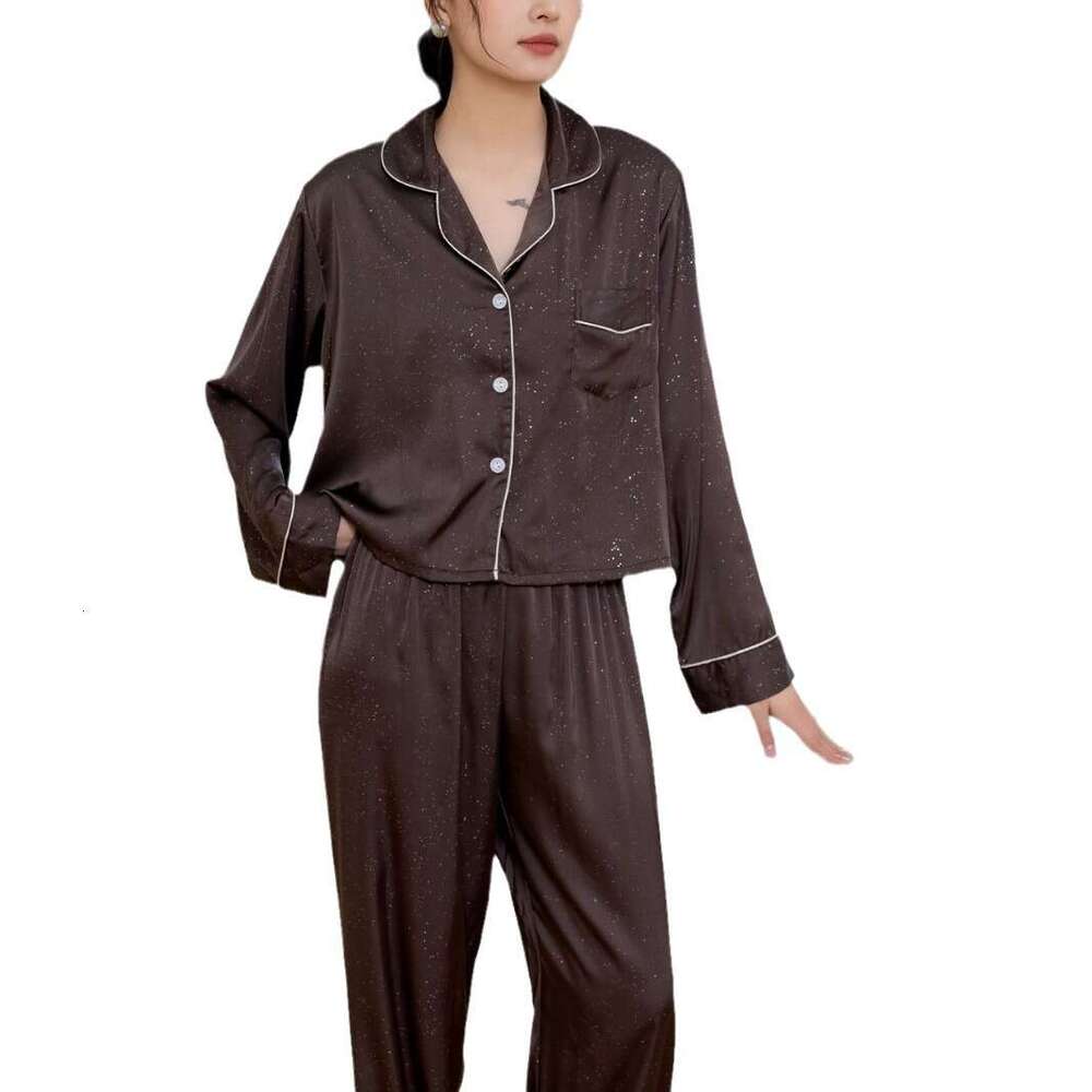 Spring and Autumn Women's Simple Chocolate Pajama Set Comfortable Breathable Ice Silk Loungewear Suitable for Outerwear