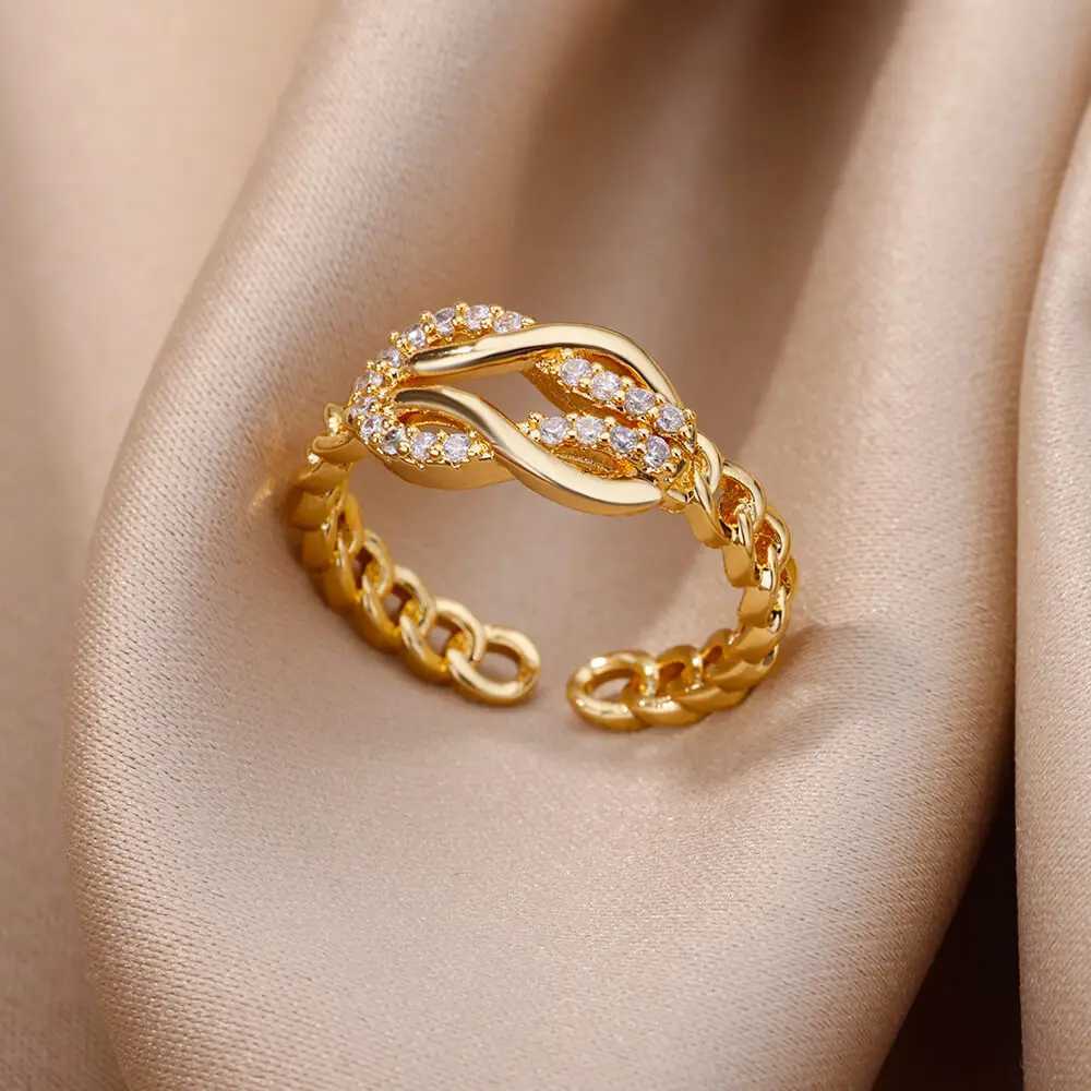 316L Gold Plated Stainless Steel Zircon Rings For Women Chain Geometry Finger Ring Jewelry Gift anillos mujer 2025 New TrendyW251017