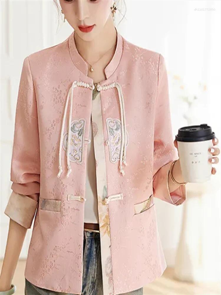 Women's Jackets Chinese Style Coats Women Outwear Plate Buckle Coat Embroidery Jacket Stand Up Neck Top Short For Thin Retro