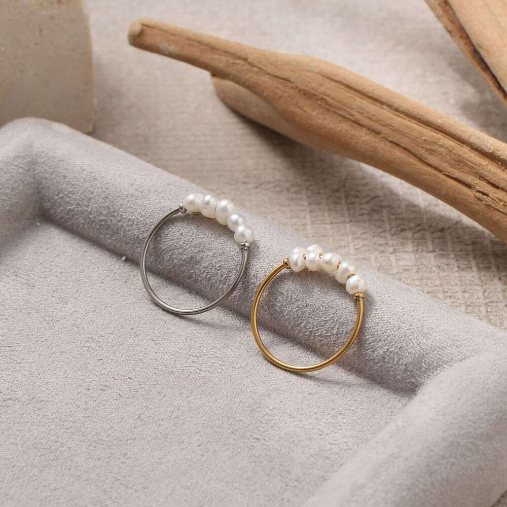 St.delan Elegant Natural Freshwater Pearl Thin Hoop Ring Gold Plated Two-tone Autumn Winter ddmypluto