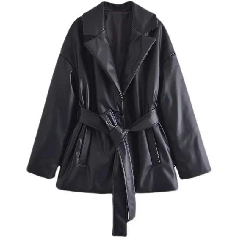 Warm Winter Belt Lapel Loose Imitation Leather PU Suit with Cotton Leather JacketT251017