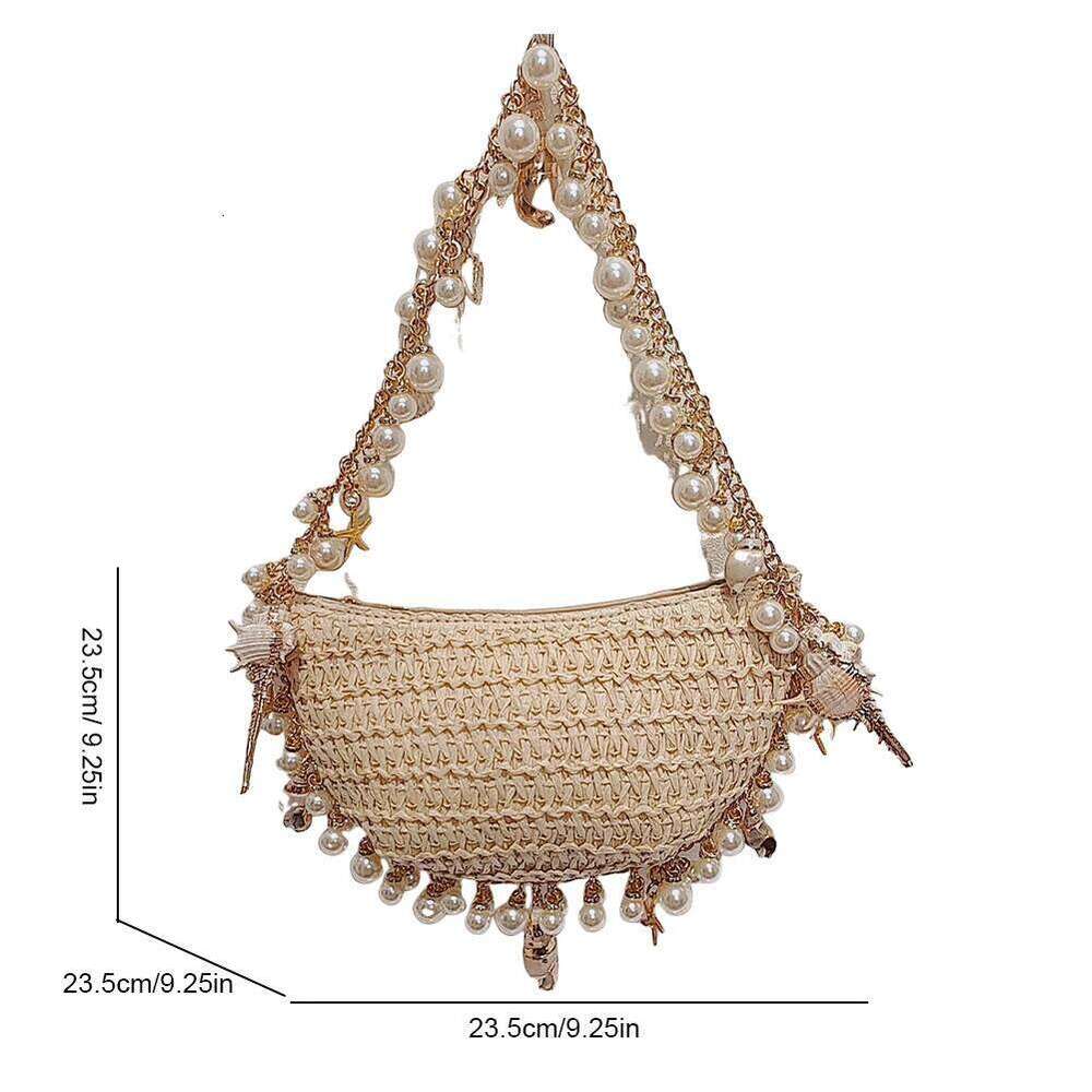 Designer Bags Women Conch Handbag With Pearl Chain Elegant Handwoven Straw Shoulder Breathable Holiday Beach Bag Seaside Soft Pouch Luxury Bag