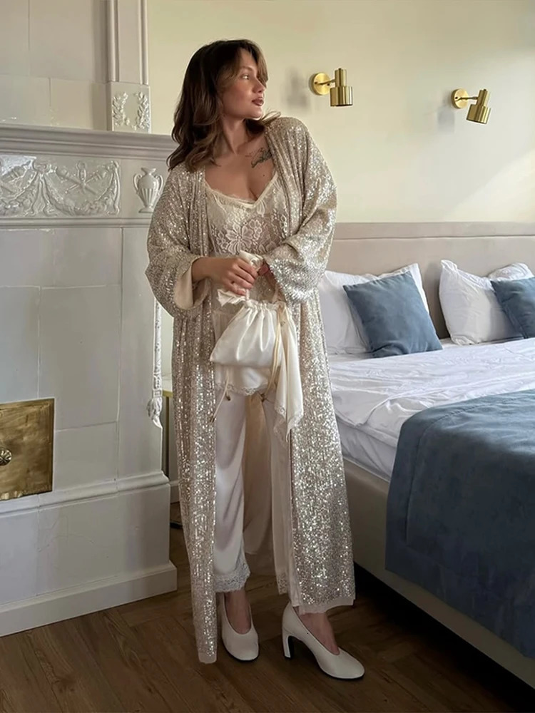 Womens Sequin Maxi Coat Oversized Open Front Long Sleeve Sparkly Outerwears For Woman Chic Casual Loose Fit Lady Outfit 251013