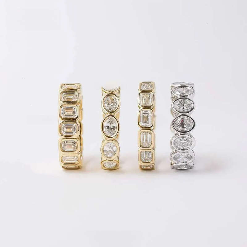 Luster Unique Wedding Eternity Band Sier 14k Gold Bezel Set 3x5mm Emerald Cut Moissanite Oval Ring for Women