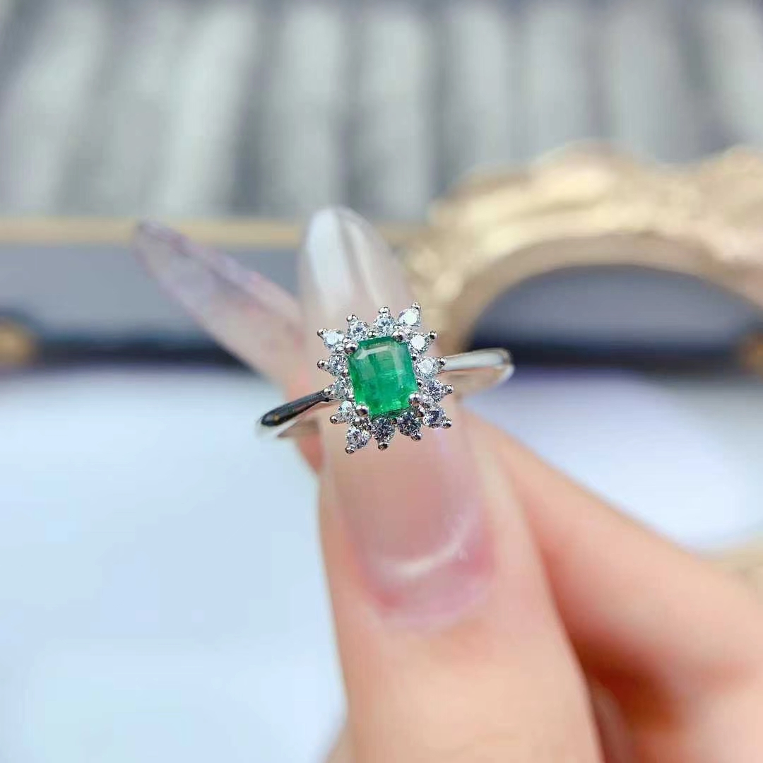 925 silver emerald jewelry real sterling silver gemstone ring 3mm*4mm natural emerald jewelry with certificate