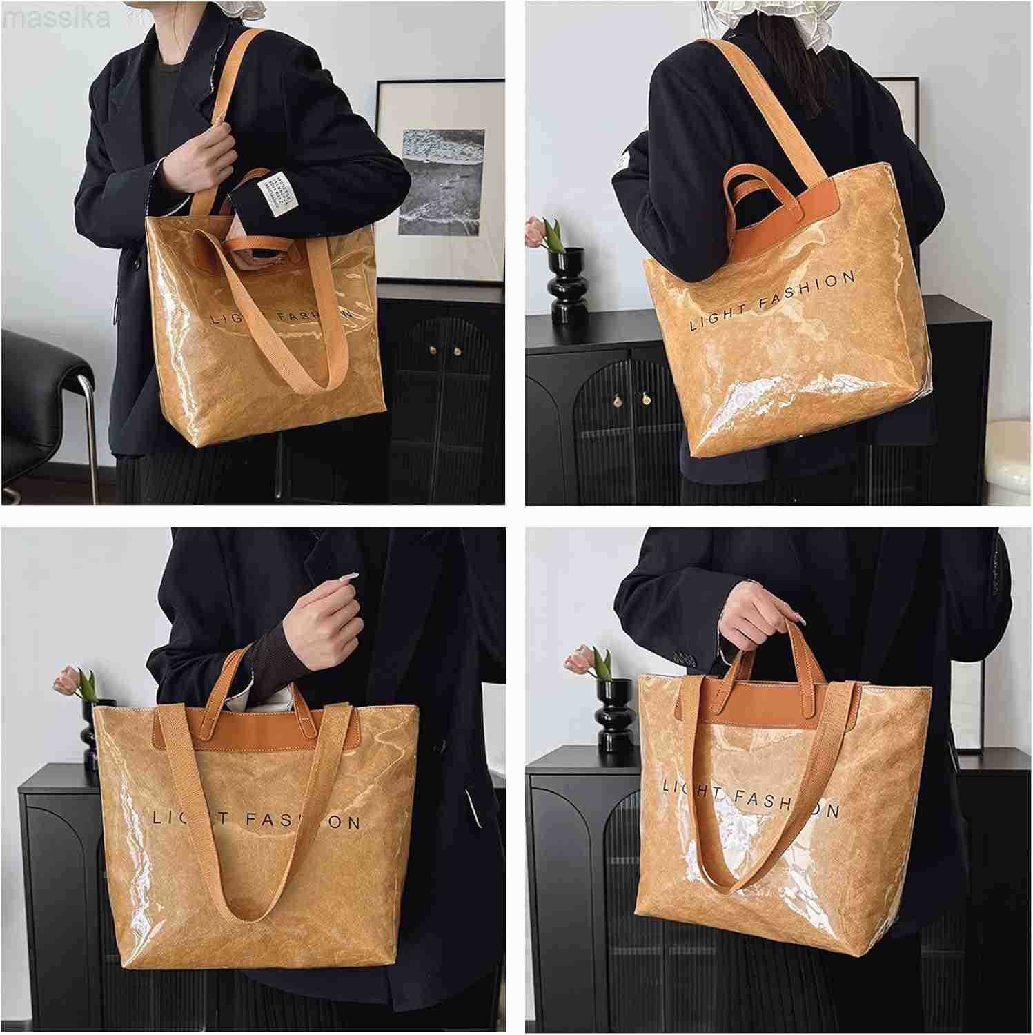 PVC Clear Tote Bag for Women Large Plastic Tote Beach Bag Kraft Paper Hobo Handbag Purse with Top Handle M251017