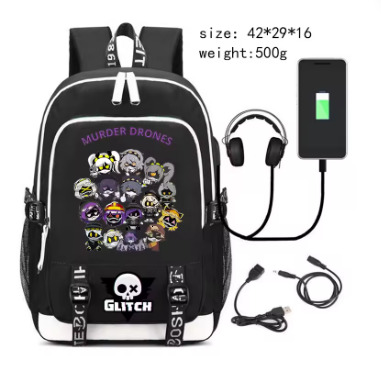 New Murder Drones Backpack for Student Boys Fashion Trend Backpack USB Laptop Bagpack Cartoon Black Girl School Bag for Teenager