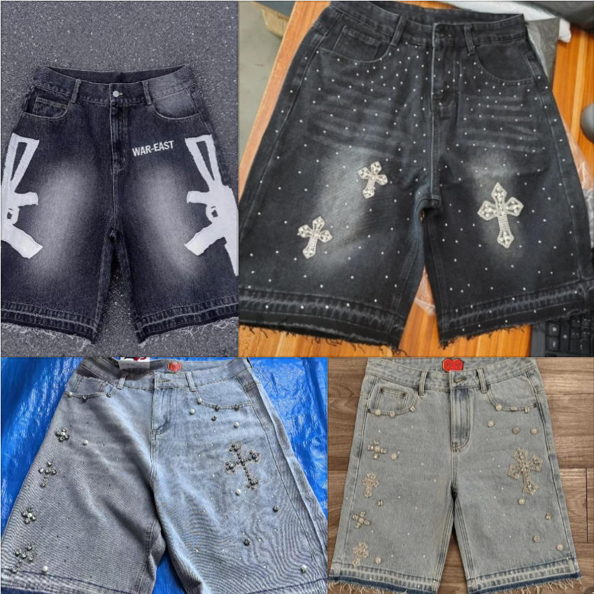 Men's Shorts American Street Embroidery High Waist Washed Denim Harajuku Retro Trendy Brand Oversized Jeans Men Y2k Goth Punk