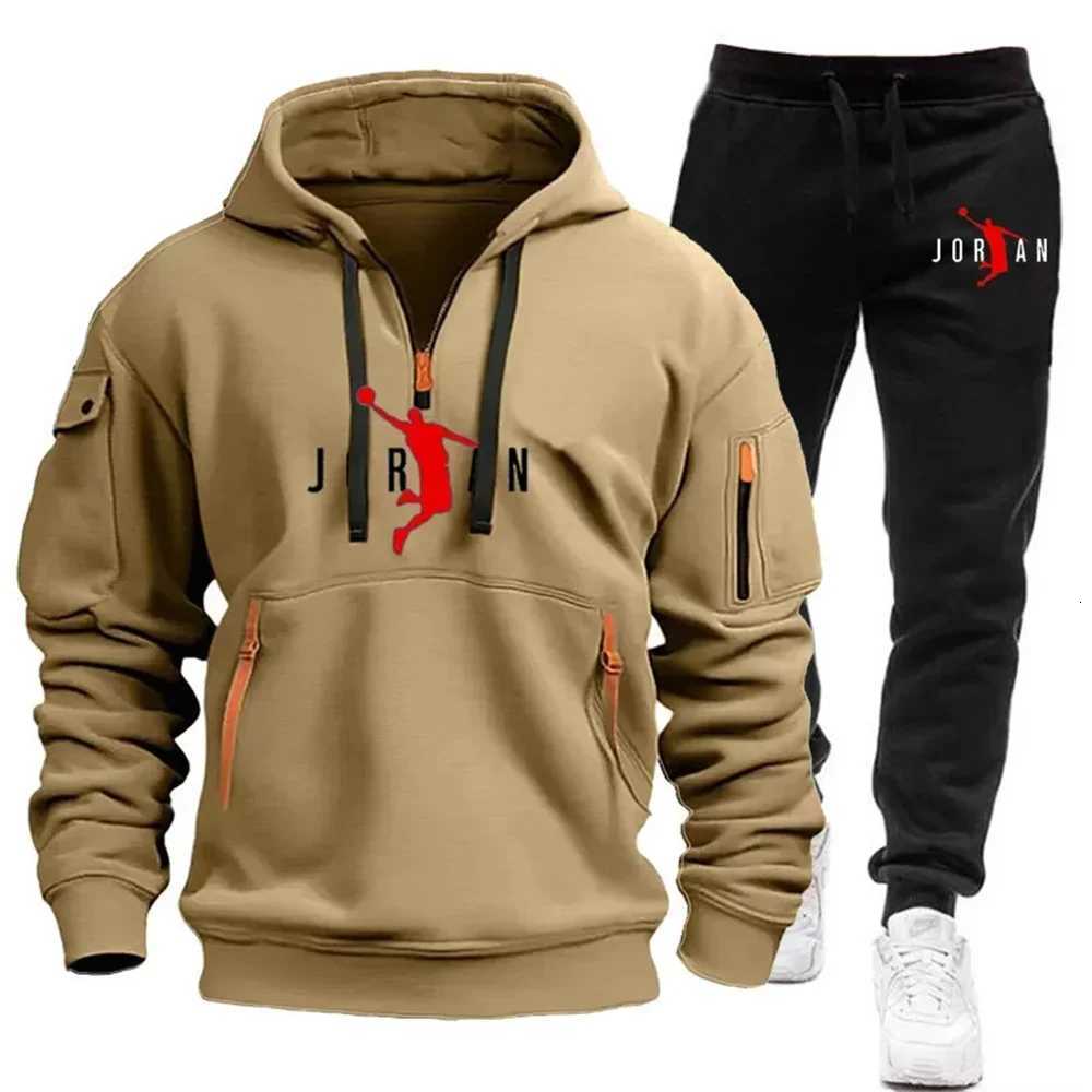 Mens Spring and Autumn Trendy highquality hoodie Set 2025 zipper multipocket hoodie loose casual set Z251017