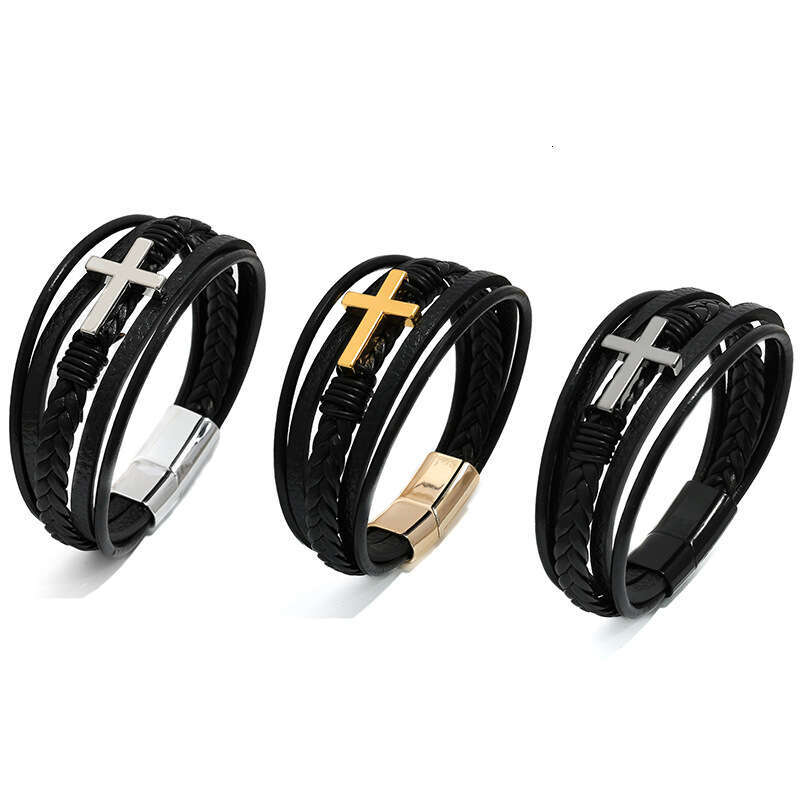 Cross for Men Multi-layer Handmade Woven Rope Magnetic Clasp Genuine Leather Bracelet
