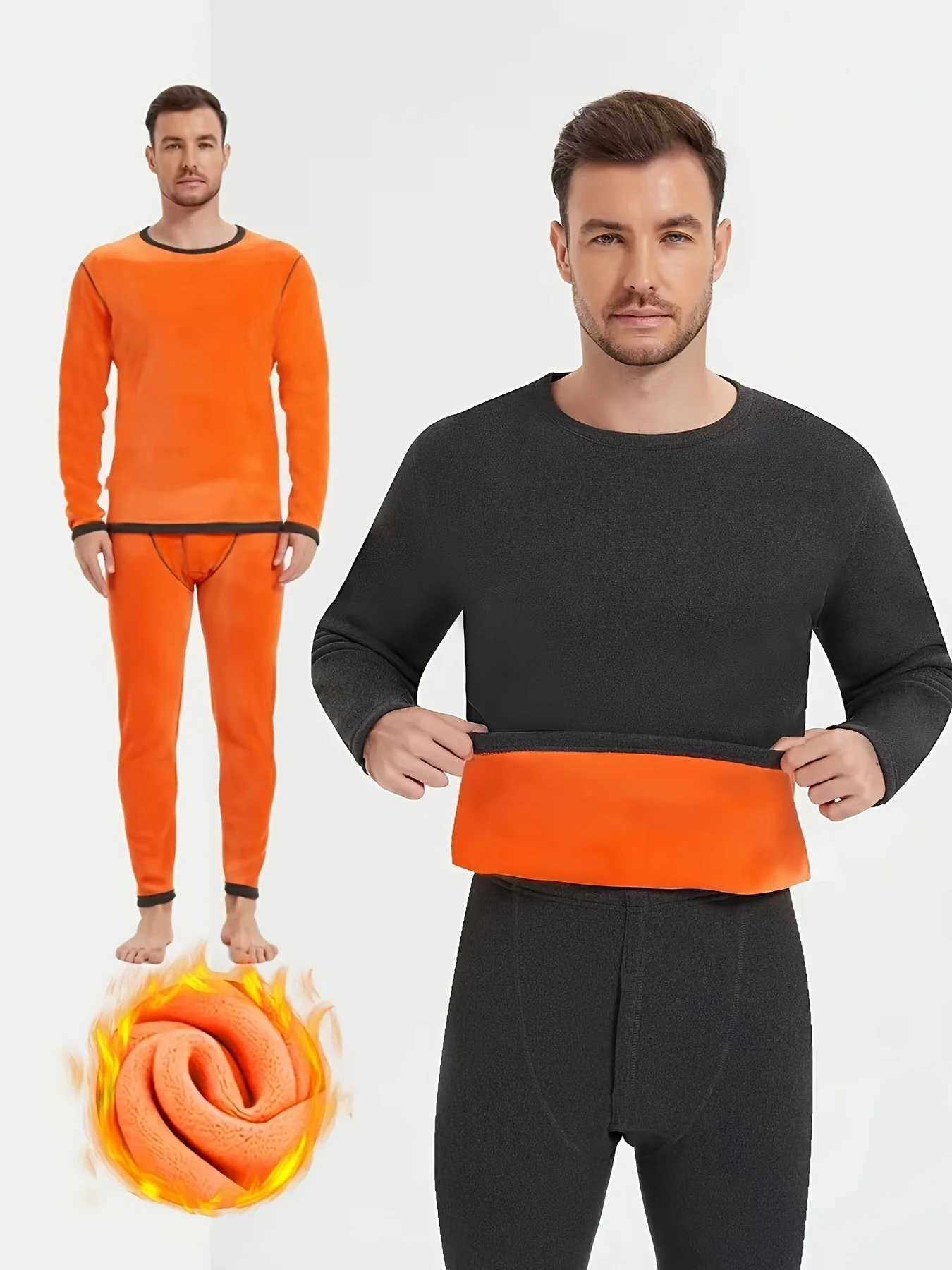 Mens Winter Fleecelined Thick Roundneck Solidcolored Thermal Set with Top and Pants for Cold Protection H251017