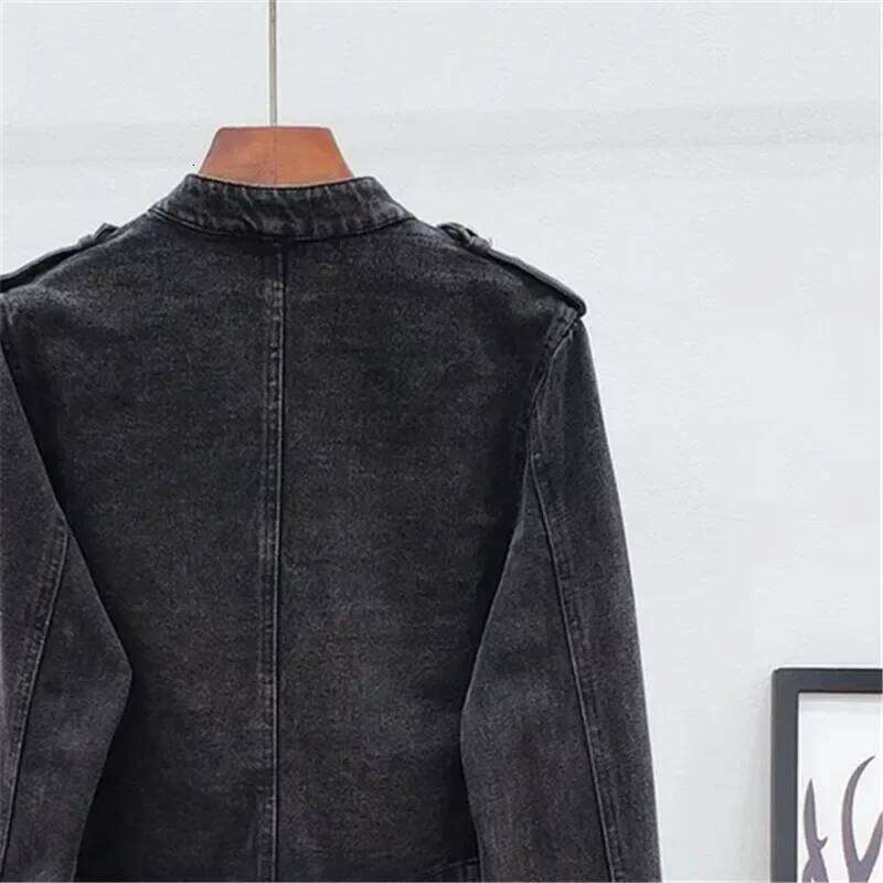 Vintage Stand Collar Black Denim Jackets Spring Autumn Women Double Breasted Slim Short Jeans Jacket Coat Female Cowboy Outwear