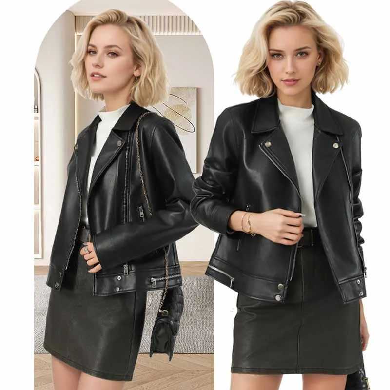 2025 Autumn New Womens Black Leather Jacket Vintage Zipper Turndown Collar Motorcycle Short Jackets Chic Pu Faux Leather CoatT251017