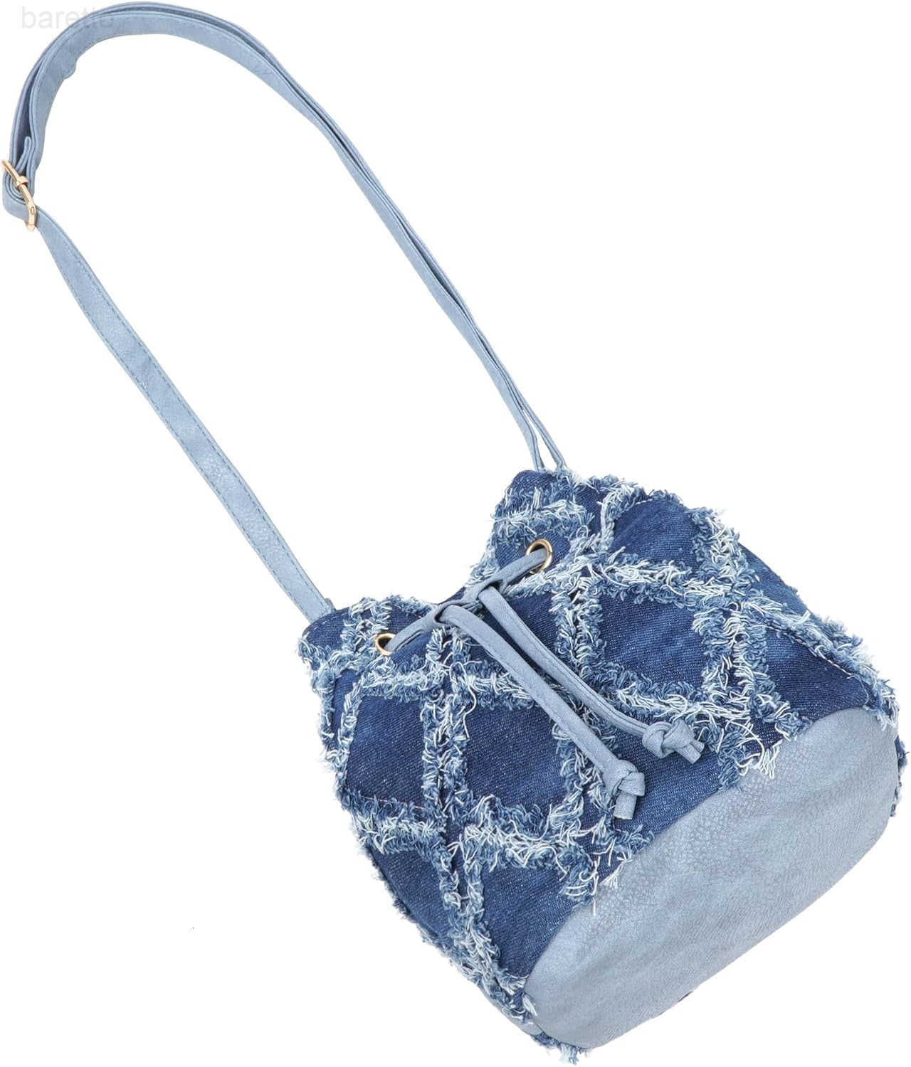 Women Denim Mini Bucket Shoulder Crossbody Bag Drawstring Quilted Distressed Tassel Barrel Shape Satchel Purse Z251017