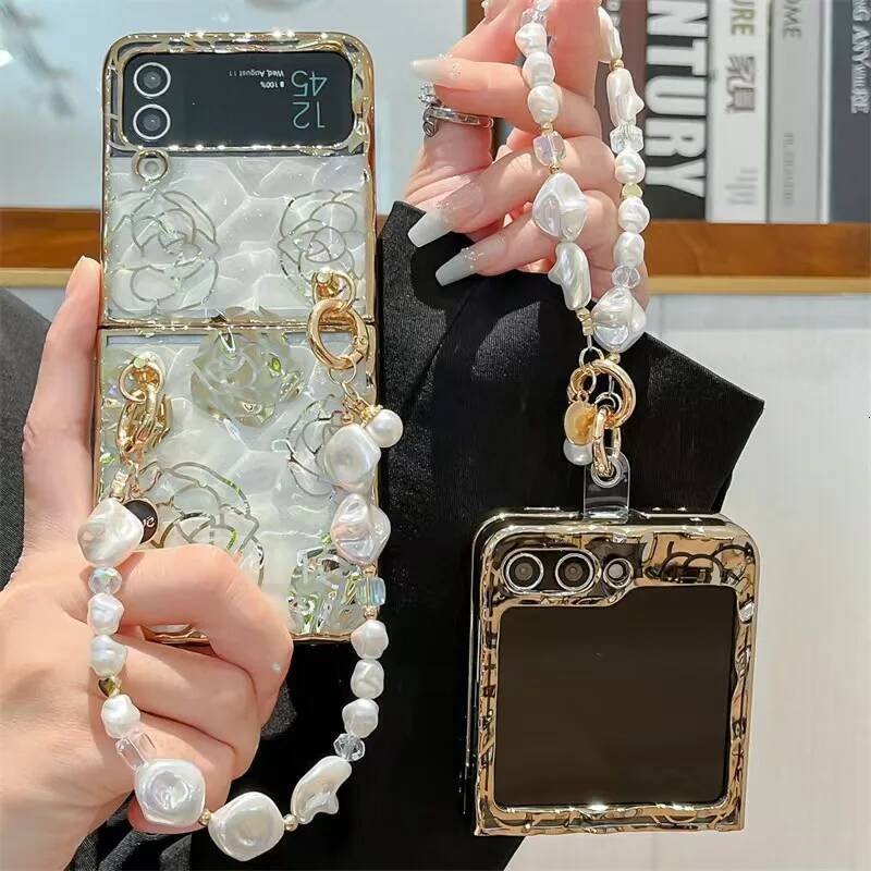 Elegant Flower Pearl Wrist Strap Soft Phone Case Cover For Samsung Galaxy Z Flip 3 4 5 6 7 F7220 Flip6