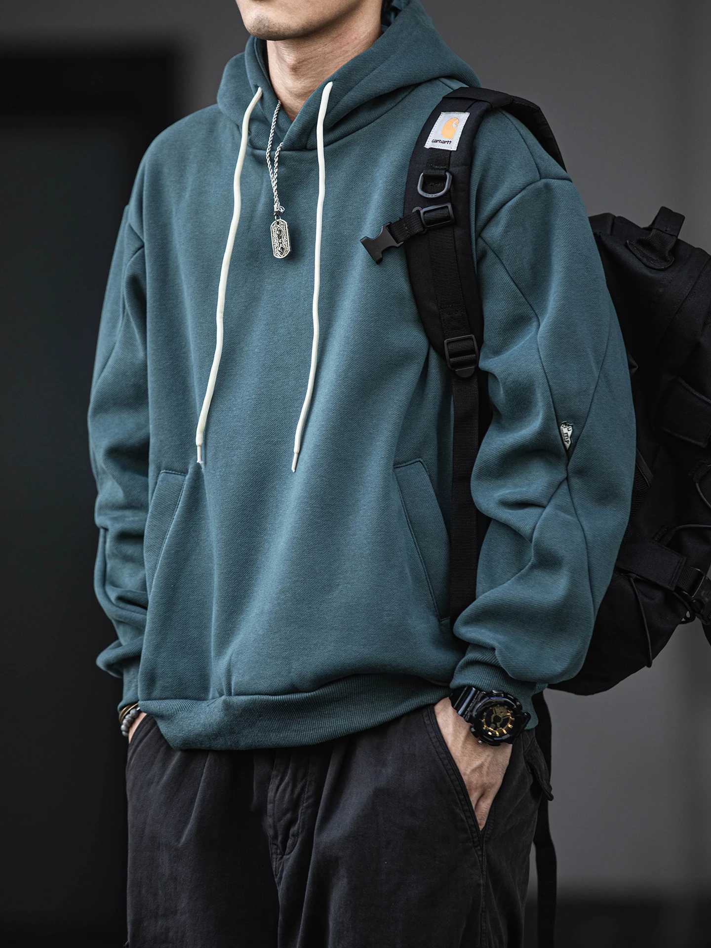 Mens Fall Winter Fleece Hoodie Korean Streetwear Heavyweight Trendy Pullover Sweatshirt Minimalist Solid Color Thermal Insulated Z251017