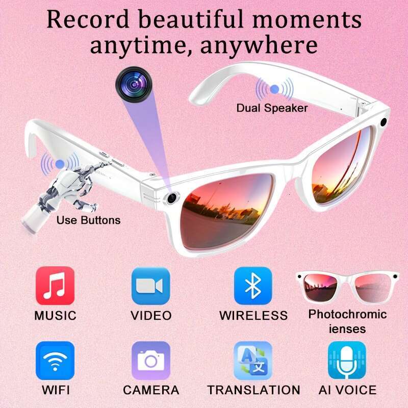 Fashionable Smart Design| Bluetooth Call Music Playback| Real-Time Multi-Language Translation| High Definition Audio Recording| UV Protection| Lightwe