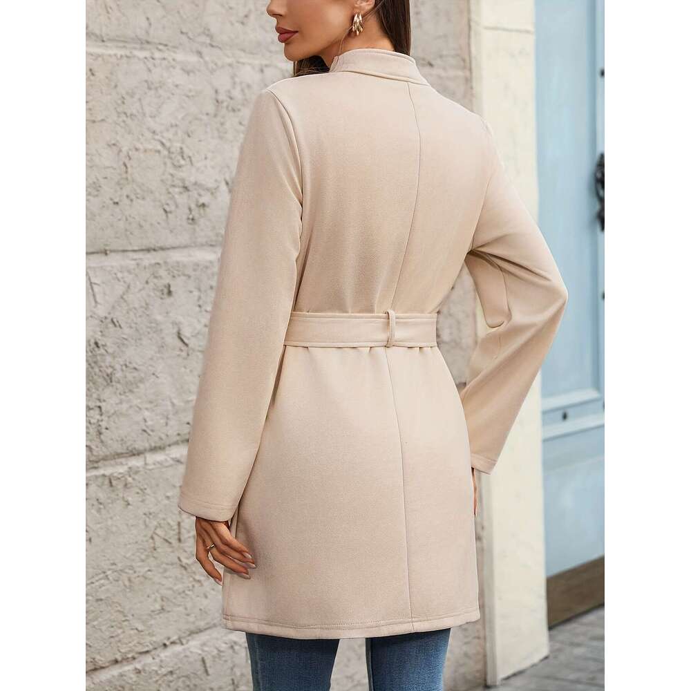 Women's Elegant Beige - Middle Eastern-Inspired Round Neck Trench Coat With Front Zipper Bow Detail, Hine Washable Spring/Fall Outerwear For Casu