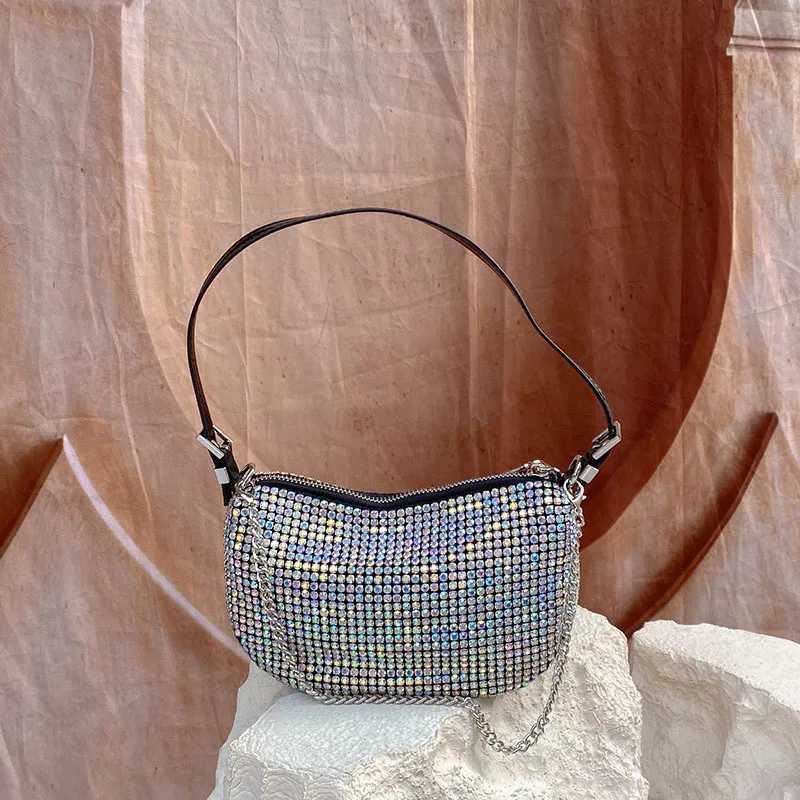 Rhinestone armpit bag semiround bag one shoulder hand carry personalized chain moon bag Z251017