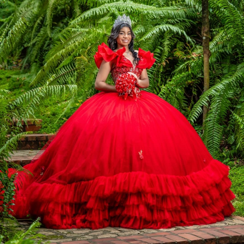 Red Shiny Quinceanera Dresses Off The Shoulder Applique Lace Beading Crystal Tiered Tull Party Birthday Sweet 16 Dres Vestidos 15 De Anos