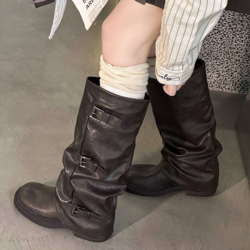 Cameido Western Cowboy Belt Buckles Autumn Winter Wasteland Style Folded Pile Long Boots With Trouser Legs