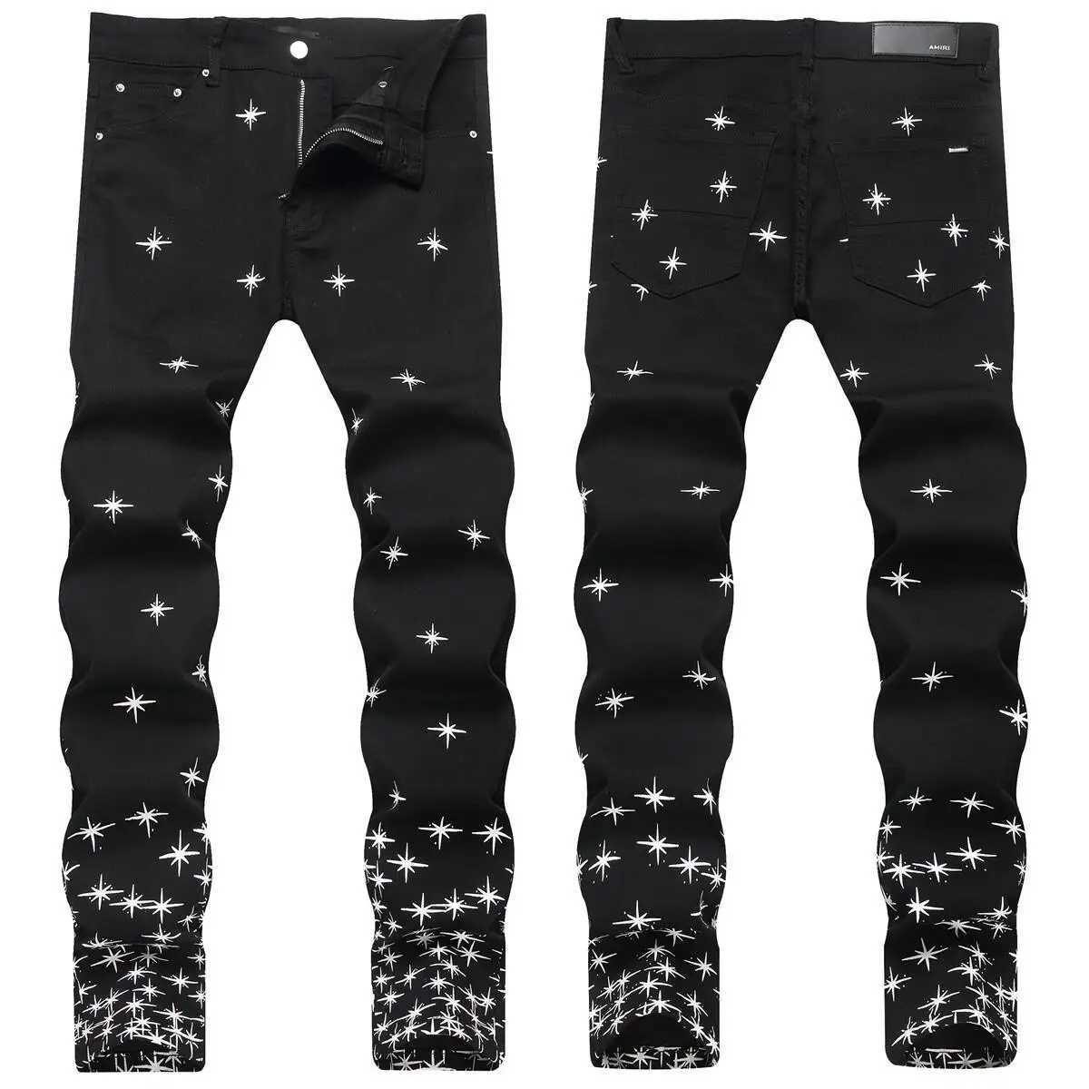 Four Seasons Street Black MidWaist AM Mens Embroidered Elastic Trendy Personality Slim Fit Skinny Jeans Long Pants Y251105