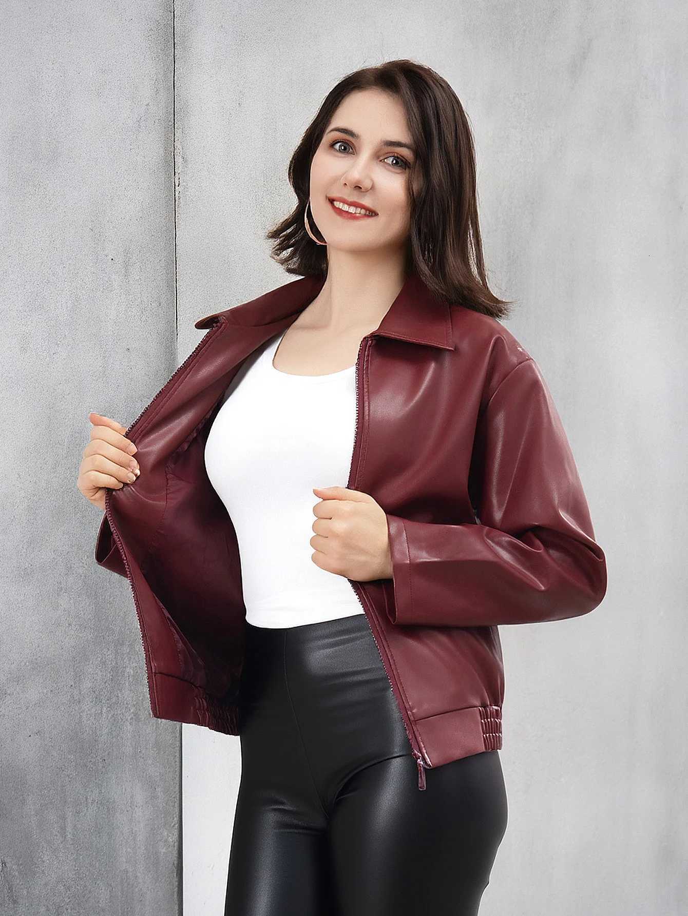 Womens Fashion Faux Leather Biker Jacket Zip Up Spring Autumn CoatT251017