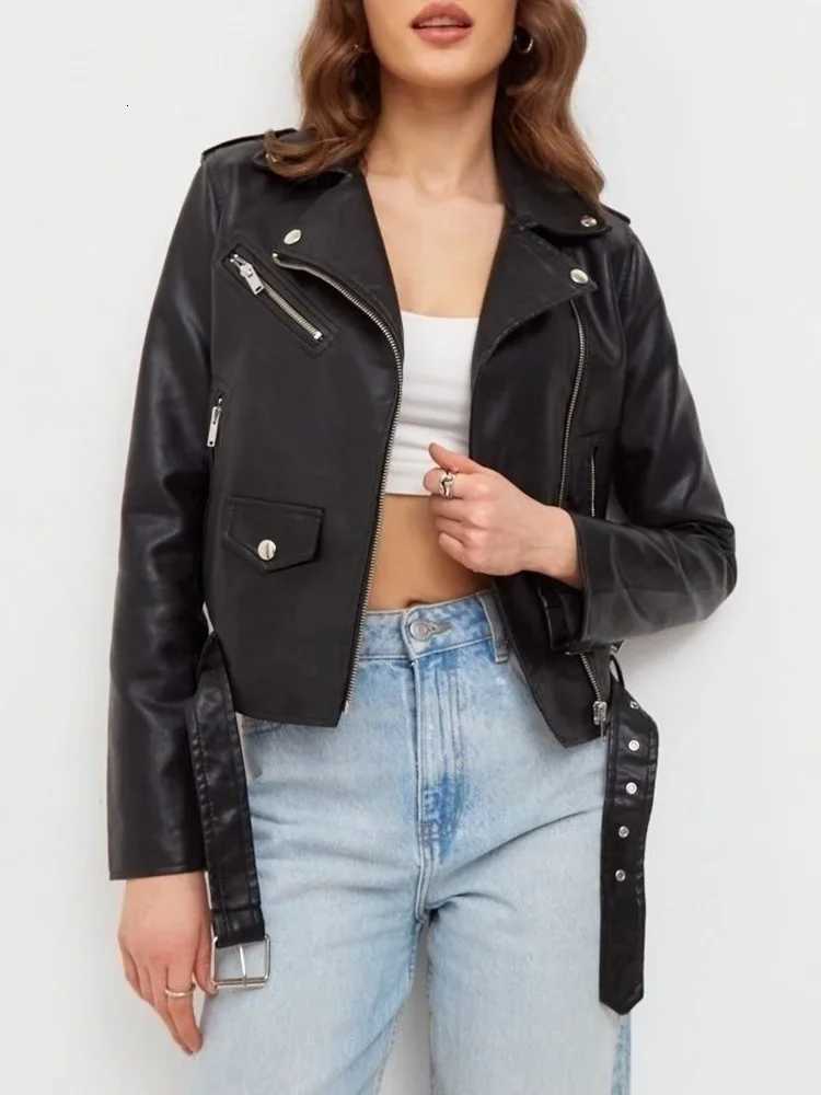 Fitaylor Spring Autumn Women PU Leather Jacket Casual Lady Lapel Zipper Moto Biker Jacket Vintage Female Outwear with BeltT251017