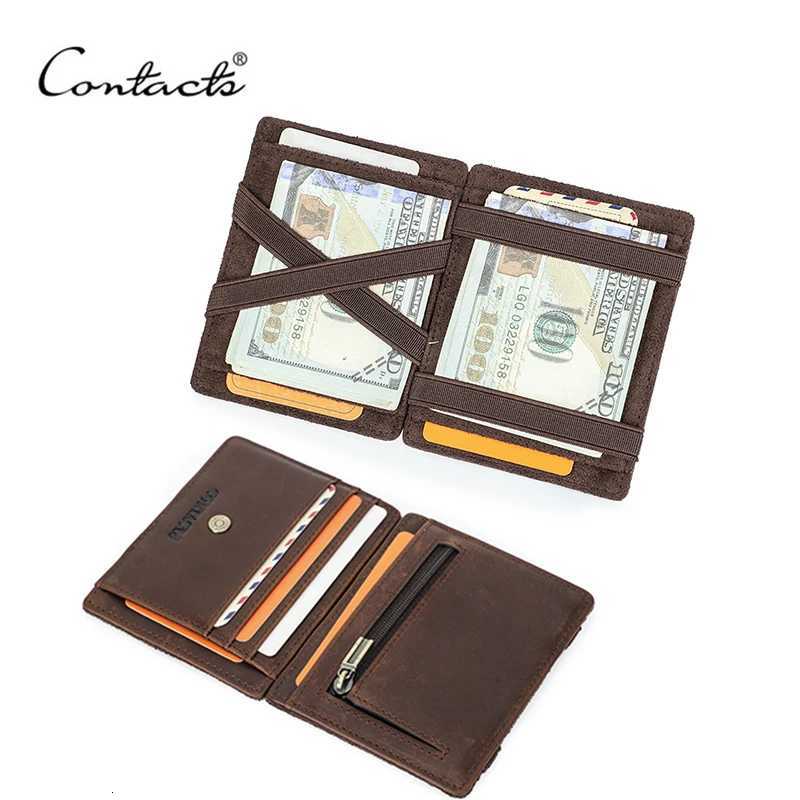 CONTACTS Genuine Leather Card Holder Magic Wallet Slim Bifold RFID Male Small Wallets Zipper Coin Pocket Mini Purse Money ClipW251017