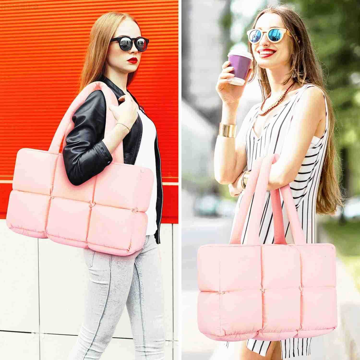 Travel Puffer Tote Bag for Women Large Quilted Shoulder Bag Handbag Puffy Weekender Overnight Bag for Shop Work Gym M251017