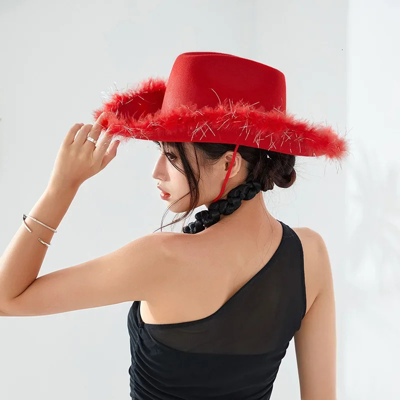 Women Cowboy Hat Solid Color Fuzzy Trim Wide Brim Cap Sun Hat for Party Fashion 251015