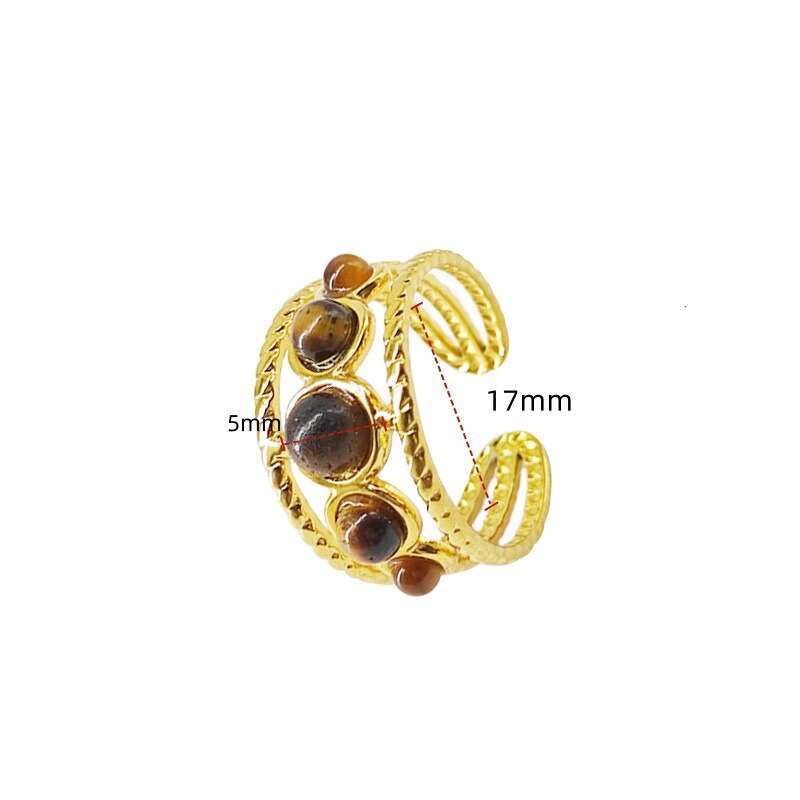 St.delan French Style Hollow Round Bead Turquoise Tiger Eye Stone Open Ring Women's Stainless Steel Jewelry ddmypluto