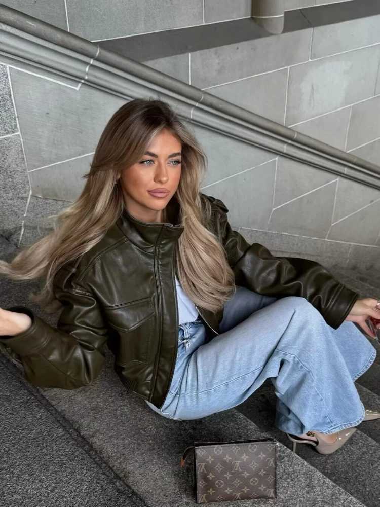 Winter New Army green Faux Leather Jackets For Women Casual Stand Collar Pocket Loose Jacket Female Vintage Short Coat OutwearT251017