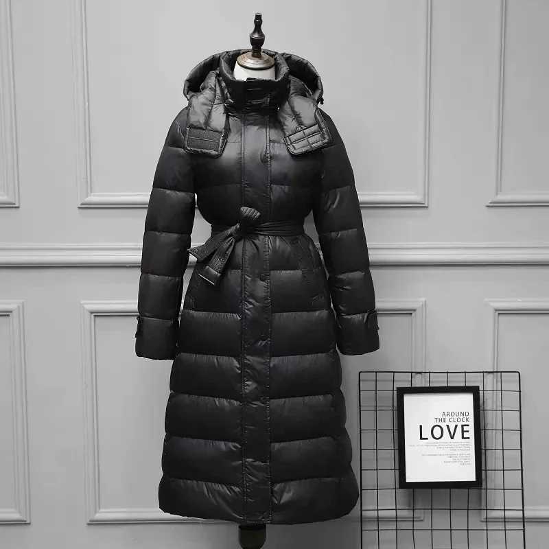 Black duck down Hooded Coats Winter 2025 New Fashion Womens Slim Warm Pike Down Jacket Female With Waist belt Long Overcoat W251016