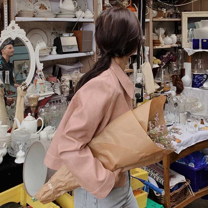 Chic Vintage PU Leather Jaet Long Sve Loose Fit Zipper Collar Design Versatile Outerwear for Women Commute SleT251017