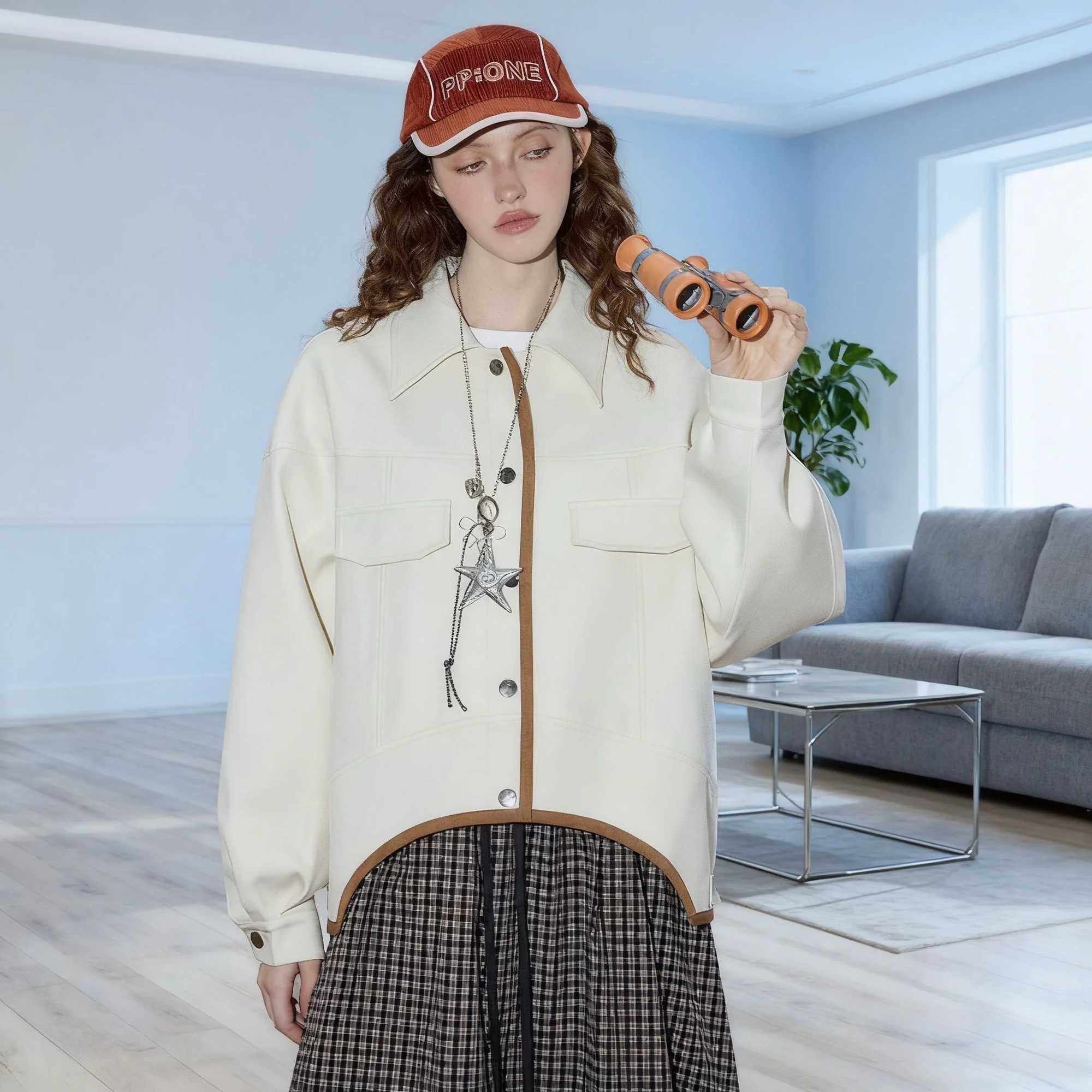 Womens Color Block Long Sleeve Coat Asymmetrical Hem Jacket Turn Down Collar Fashion Outerwear Autumn Casual Style New Arrivals W251016